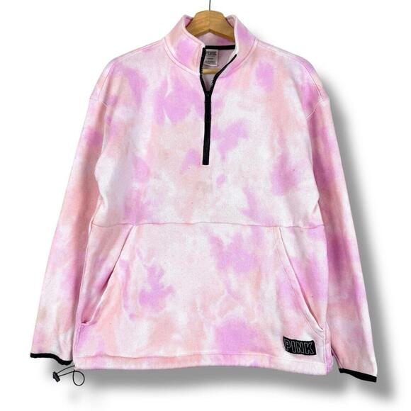 PINK Victoria's Secret Women Sweatshirt Half-Zip Tie-Dye Pockets Pink Size M - Picture 1 of 8